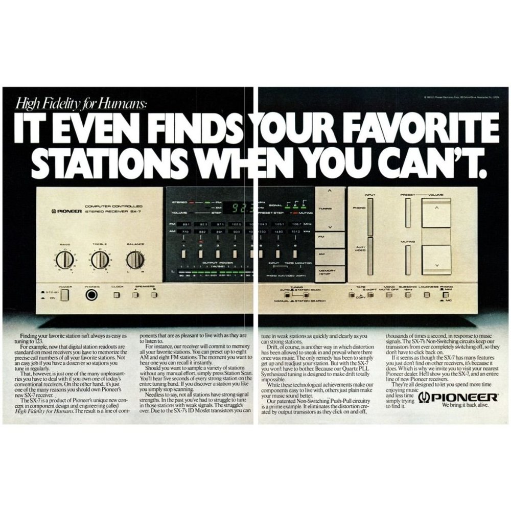 1980 Pioneer Finds Your Favorite Stations Vintage Print Ad SX-7 Stereo Receiver